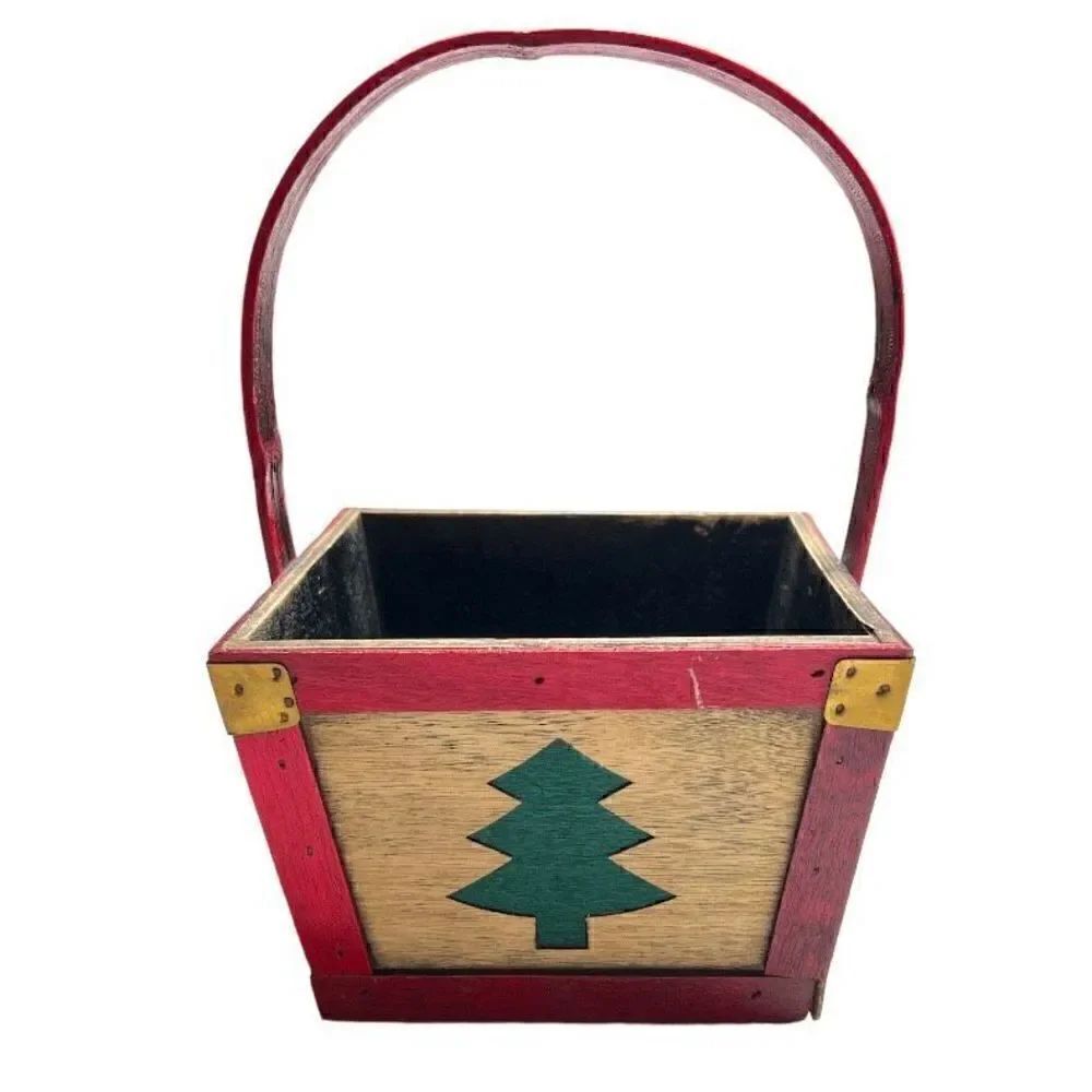 Vintage Christmas pine tree wooden basket